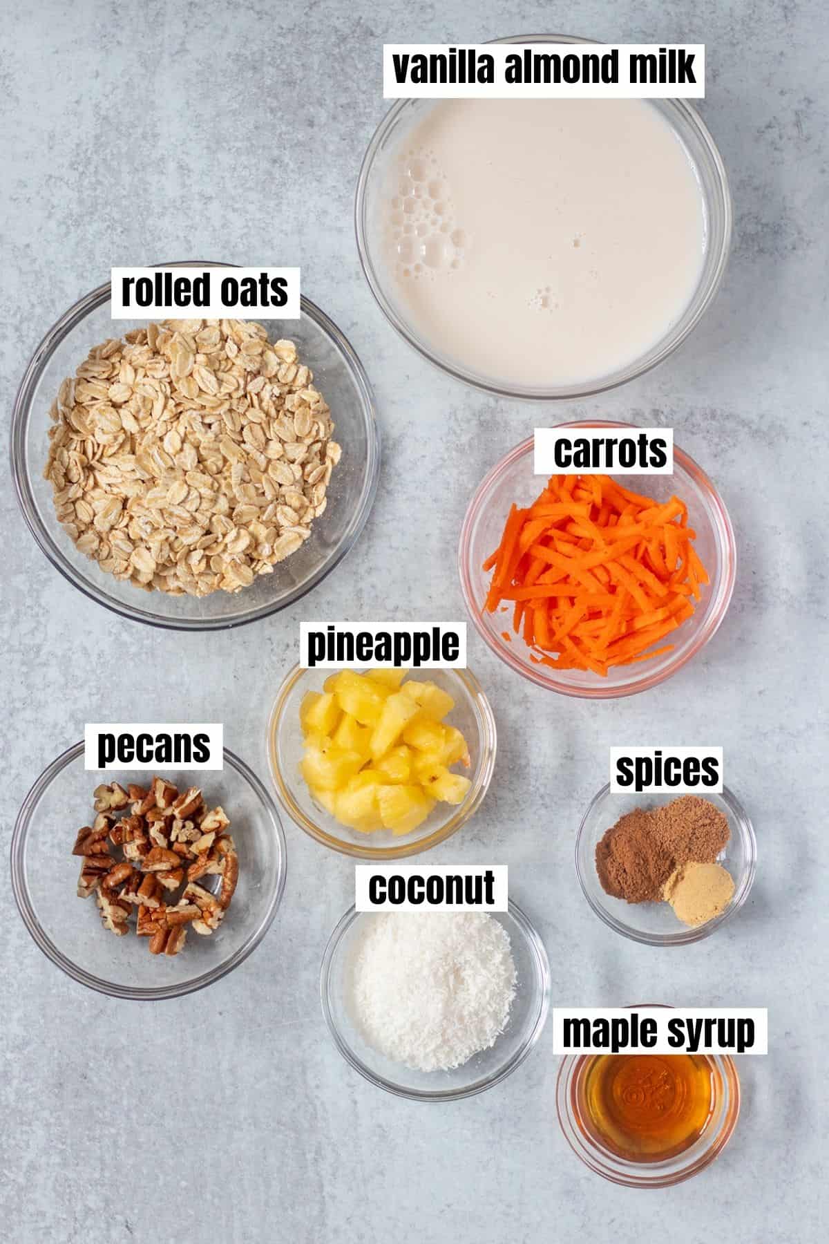 vanilla almond milk, rolled oats, shredded carrots, pineapple, pecans, shredded coconut, spices, maple syrup
