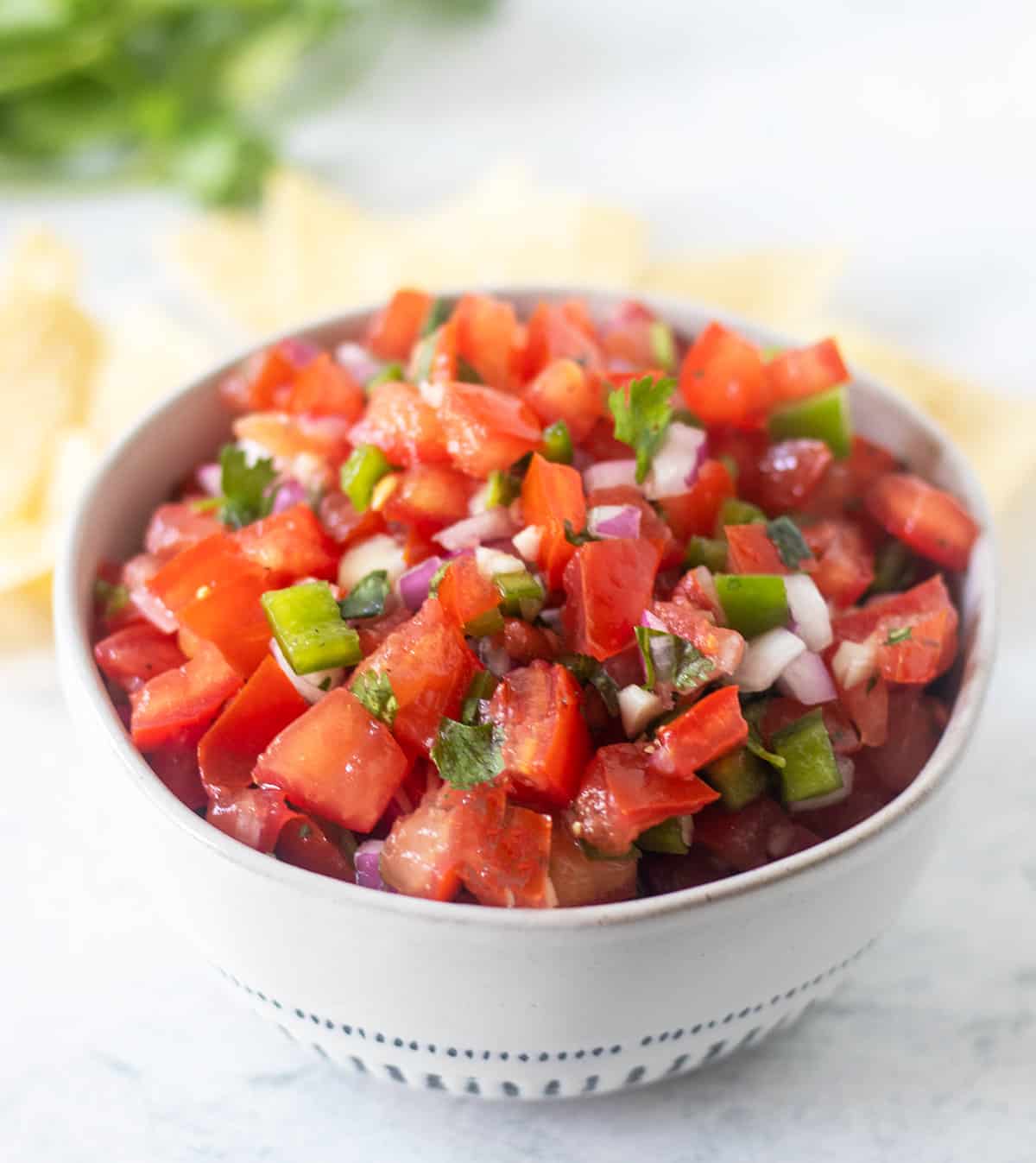 homemade pico de gallo in a white bowl with blue trim and tortilla chips and cilantro in the background.