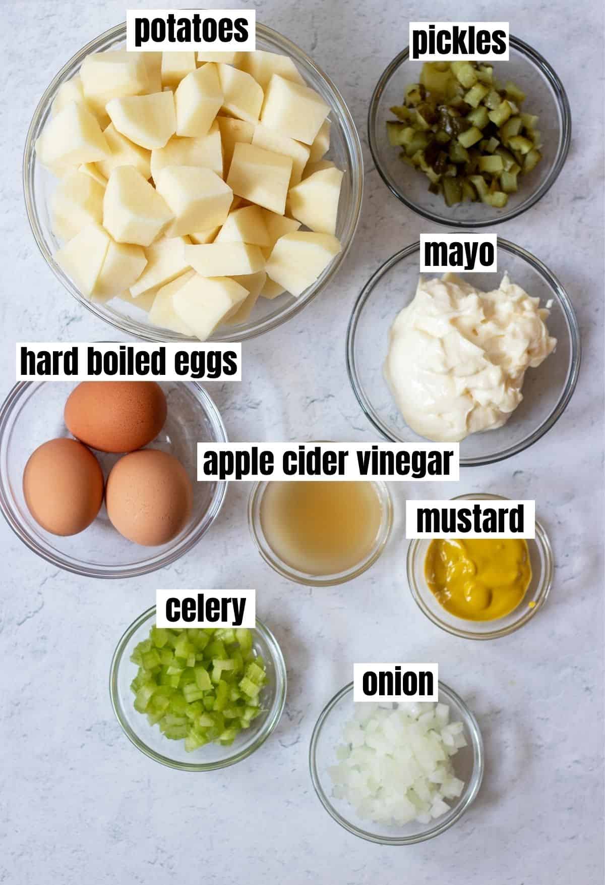 potatoes, pickles, hard boiled eggs, apple cider vinegar, mustard, celery, onion.