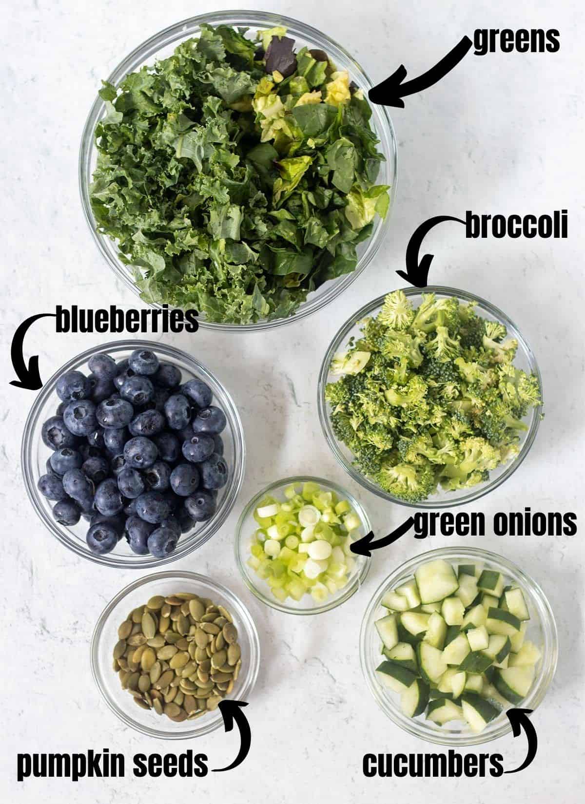 salad greens, broccoli, blueberries, green onions, pumpkin seeds, cucumbers.