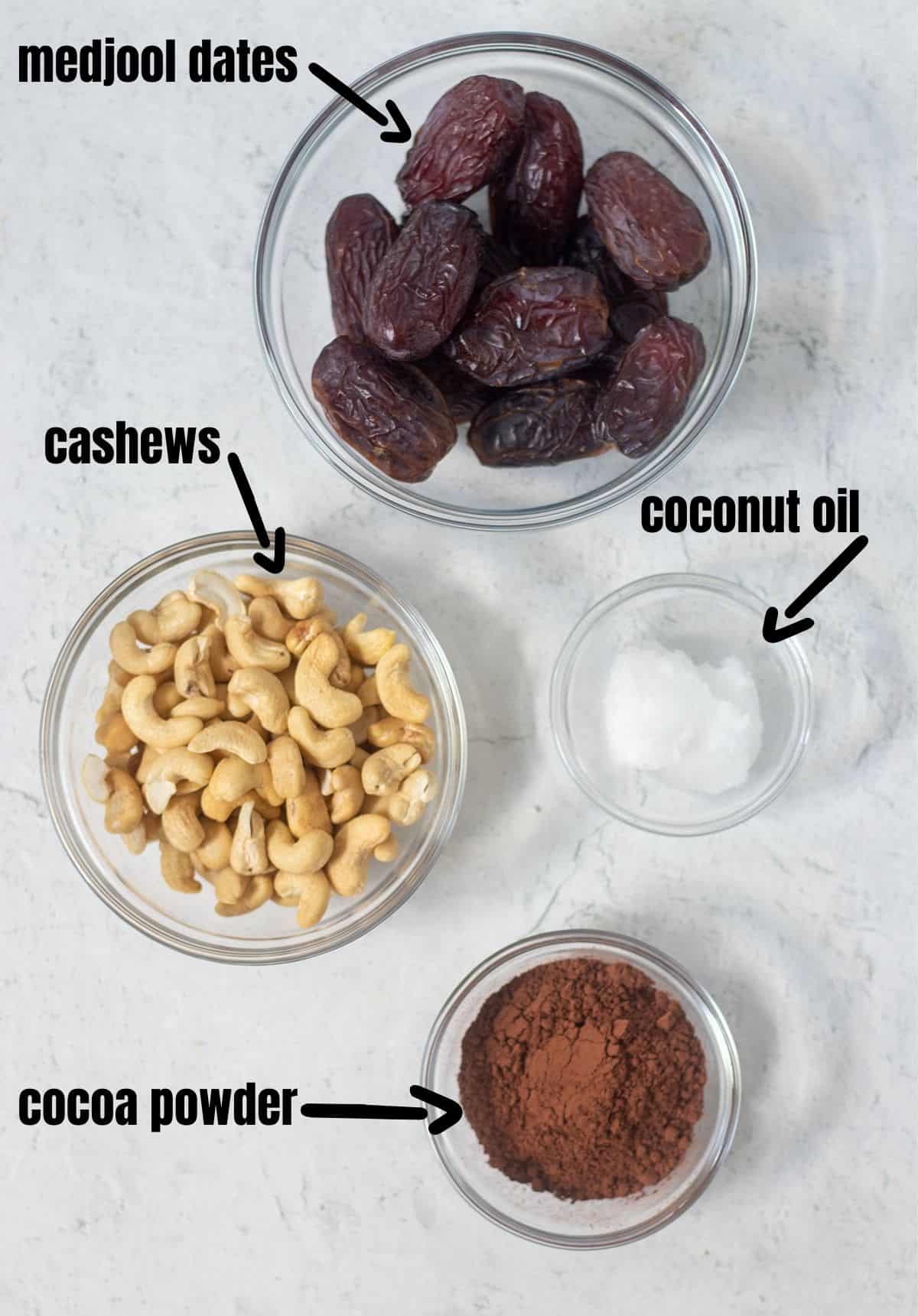 medjool dates, cashews, coconut oil, cocoa powder