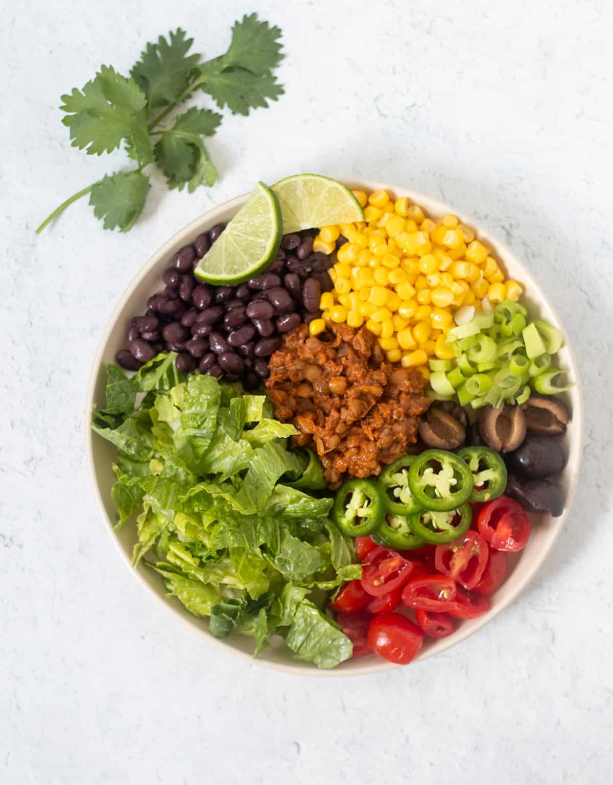 healthy taco salad ingredients on a white salad plate. Black beans, yellow corn, green onions, black olives, grape tomatoes, jalapeños, romaine lettuce lentil taco meat and lime wedges on the plate. Cilantro is next to the plate.