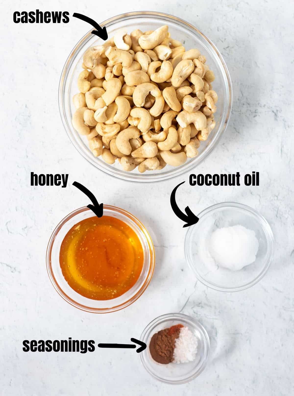 cashews, honey, coconut oil, seasonings for honey roasted cashews.