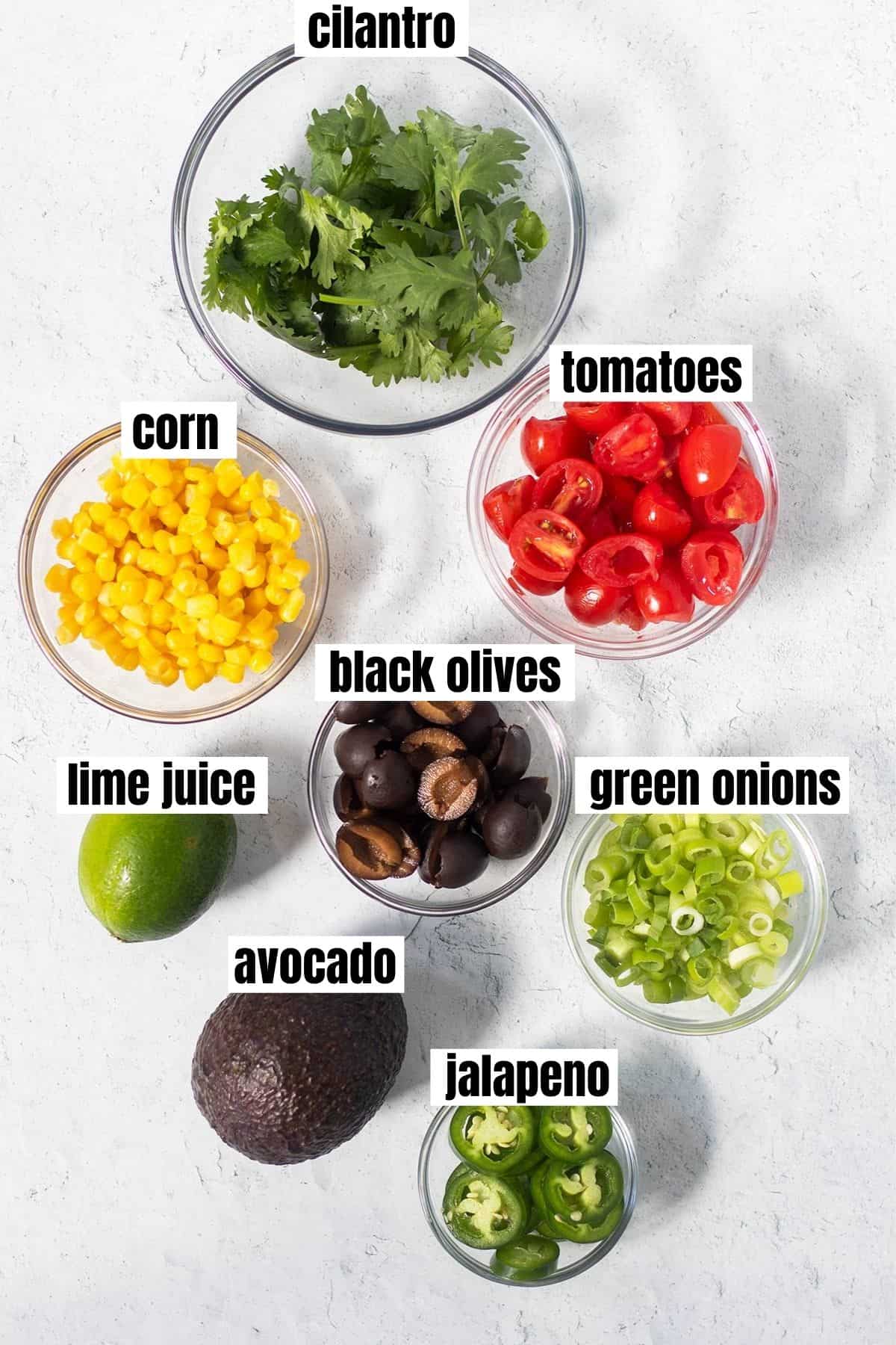 cilantro, corn, grape tomatoes, black olives, lime juice, green onions, jalapeno