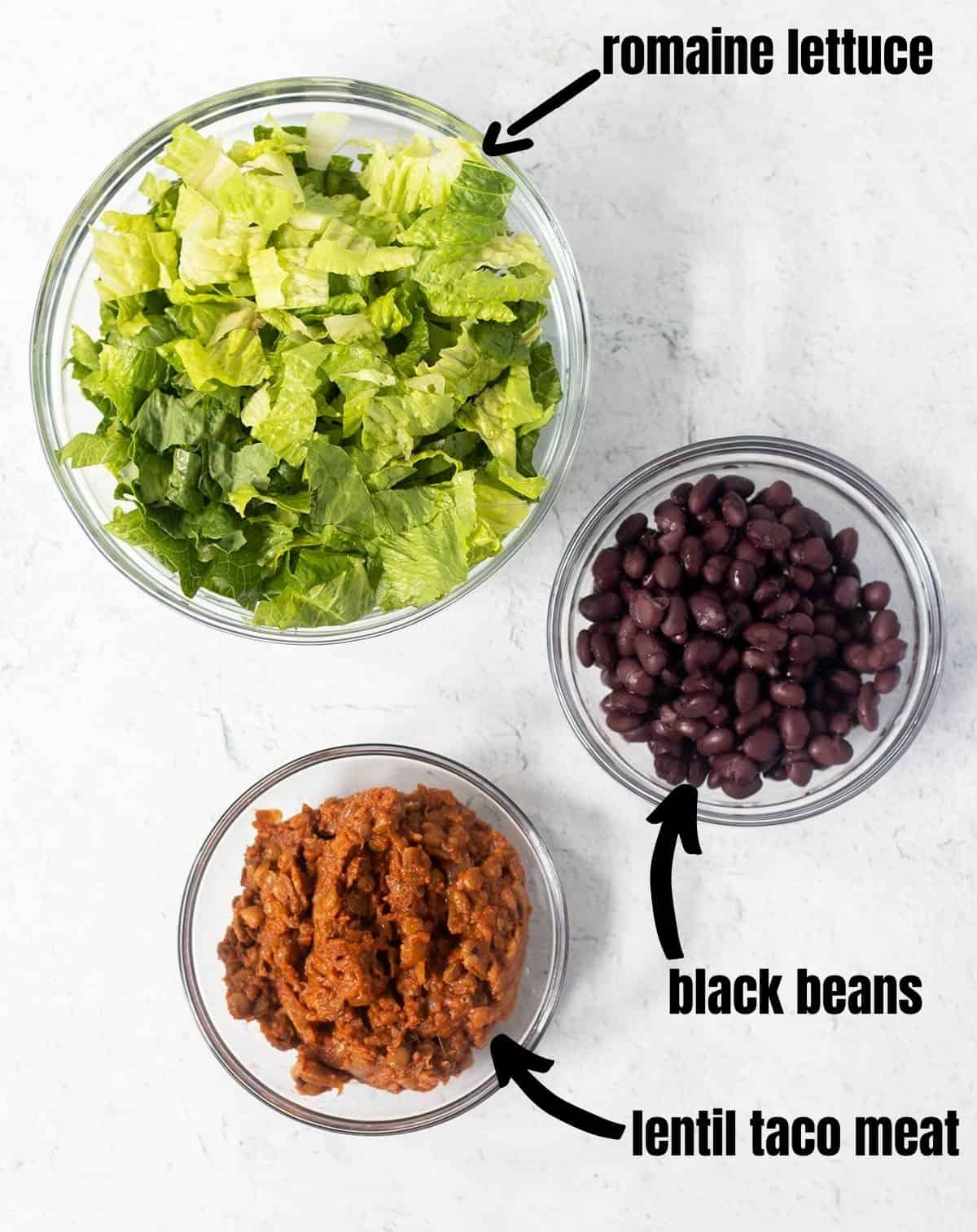 romaine lettuce, black beans and lentil taco meat for healthy taco salad base.