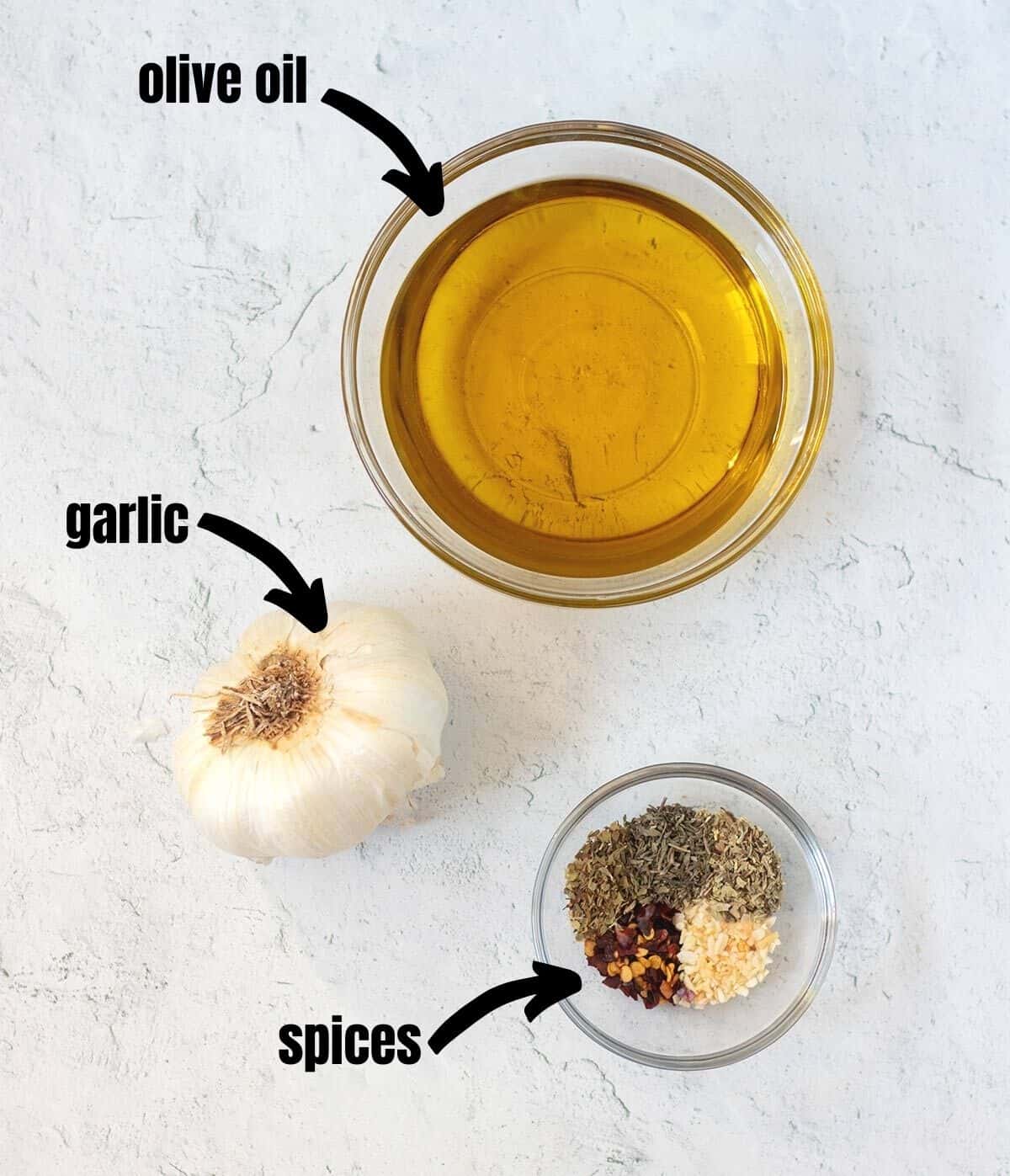 olive oil, fresh garlic, spices