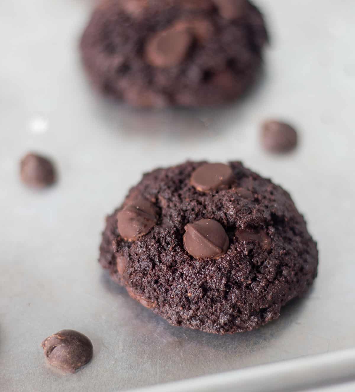 chocolate coconut flour cookies on a silver baking sheet with chocolate chips beside them.