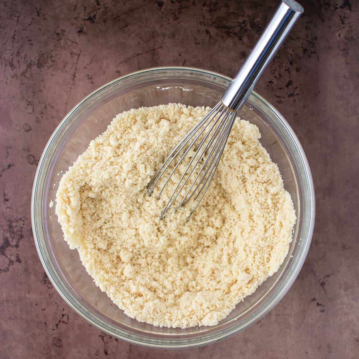 almond flour, baking powder and salt whisked together in mixing bowl.