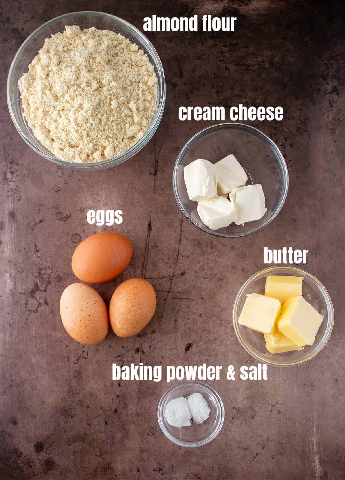 almond flour biscuits ingredients. Almond flour, cream cheese, eggs, butter, baking powder & salt.