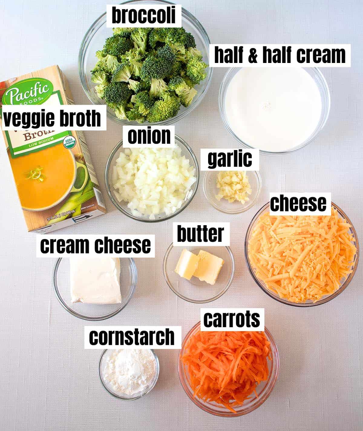 Ingredients in instant pot broccoli cheddar soup which include vegetable broth, broccoli, half & half cream, onions, garlic, cheese, butter, cream cheese, carrots, and cornstarch.