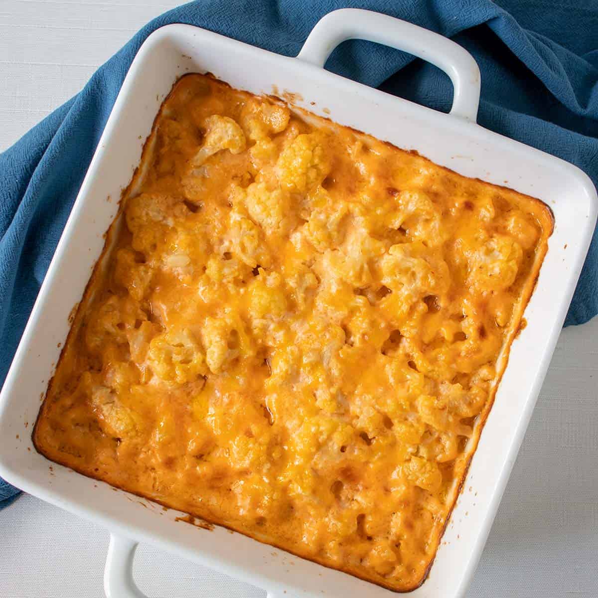cauliflower mac and cheese after it's been baked in the oven in square white baking pan.